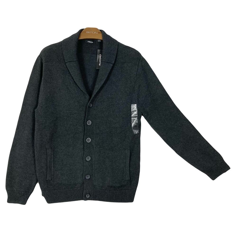 New CLAIBORNE Cardigan Men XXL Charcoal-Gray Shawl-Neck 2-Pocket Long-Sleeve